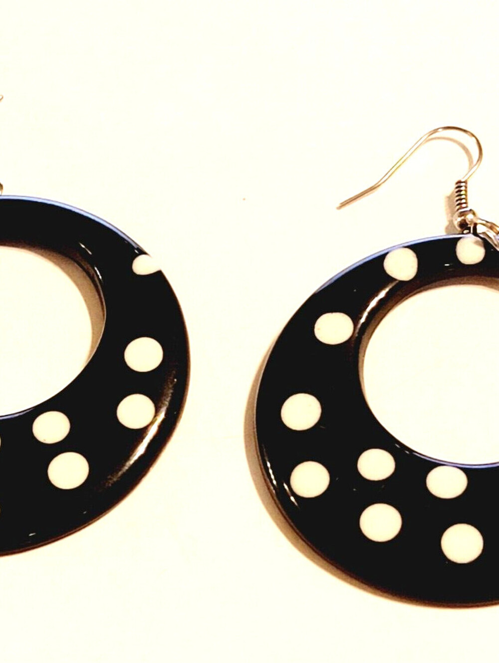 Vintage Dangle Pierced Earrings Black White Polka Dots 2" Long Large Hoops kp-58